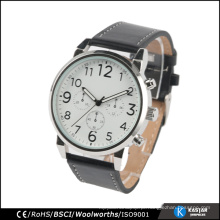 Mens relógio de pulso de quartzo de aço inoxidável pulseira de couro preto